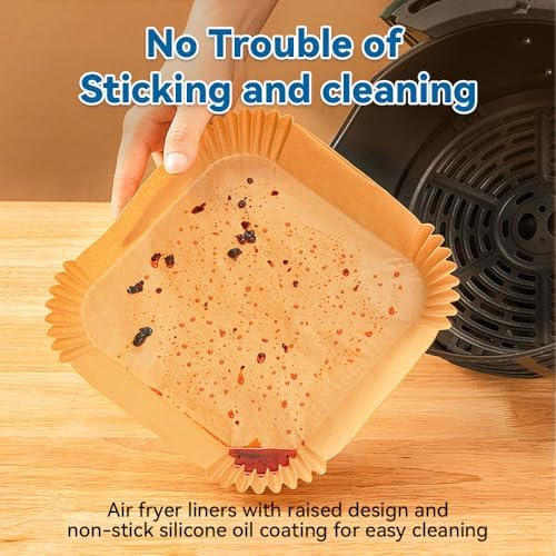 Koja 100 Pcs Disposable Parchment Air Fryer Liners, Non-Stick Greaseproof Paper, 6.5 Inch Square Baking Paper Liners for Air Fryer, Microwave, Oven, Steamer, Easy Clean, Heat Resistant Cooking