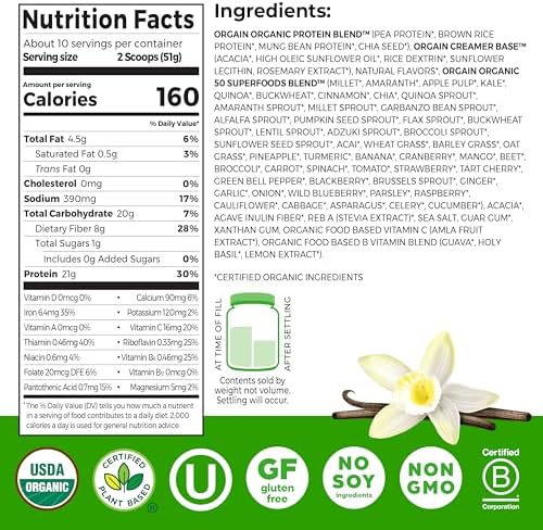 Orgain Organic Vegan Protein + 50 Superfoods Powder, Vanilla Bean - 21g Plant Based Protein, 8g Prebiotic Fiber, No Lactose Ingredients, Gluten Free, No Added Sugar, 1.12 lb (Packaging May Vary)