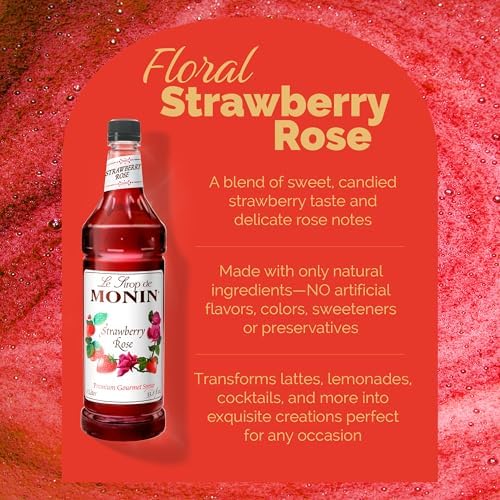Monin - Strawberry Rose Syrup, Strawberry Rose Flavoring, Flavored Syrup, Coffee Flavoring, Natural Flavoring, Great for Lattes, Teas, Lemonades, Cocktails, & More (1 Liter)