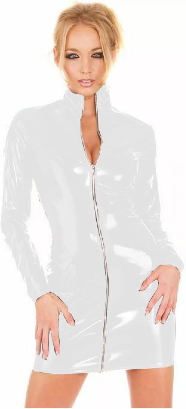 Women Sexy Zipper PVC Mini Dress Catsuit Novelty Club Party Dress Bodycon Long Sleeve Turtleneck,White,S