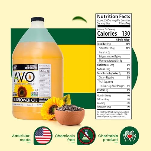 AVO High-Oleic Organic Sunflower Oil for General Cooking, 1 Gallon, Non-GMO Certified, Neutral Flavor Cooking Oil