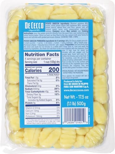 De Cecco Potato Gnocchi No. 401, 17.5 Oz (Pack of 4), Authentic Italian Dumplings, Made with Potatoes and Wheat Flour, Versatile Pasta for Sauces & Recipes, Made in Italy