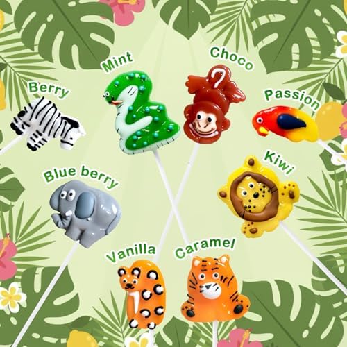 Safari Wildlife-themed Lollipops 24 Ct with 8 Animals Shapes & Fruit Flavors, Individually Wrapped Suckers for Zoo Birthday Party Candies, Earth Day, Christmas Stocking Stuffers, Wildlife Conservation