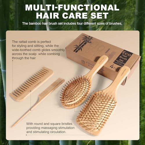 DEBETOOL Bamboo Hair Brush and Comb Set - Natural Wooden & Bamboo Brush for Hair Growth with Wide-tooth Tail Comb, Ergonomic Design for (Thick/Thin/Curly/Dry Hair) - Wooden Comb for Women Gift Kit