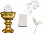 Oasis Supply First Holy Communion Cake Topper Kit – 4-Piece Religious Cake Decoration Set with Chalice & Host, Rosary, Dove and Mini Bible – Food-Safe Plastic Communion Decor