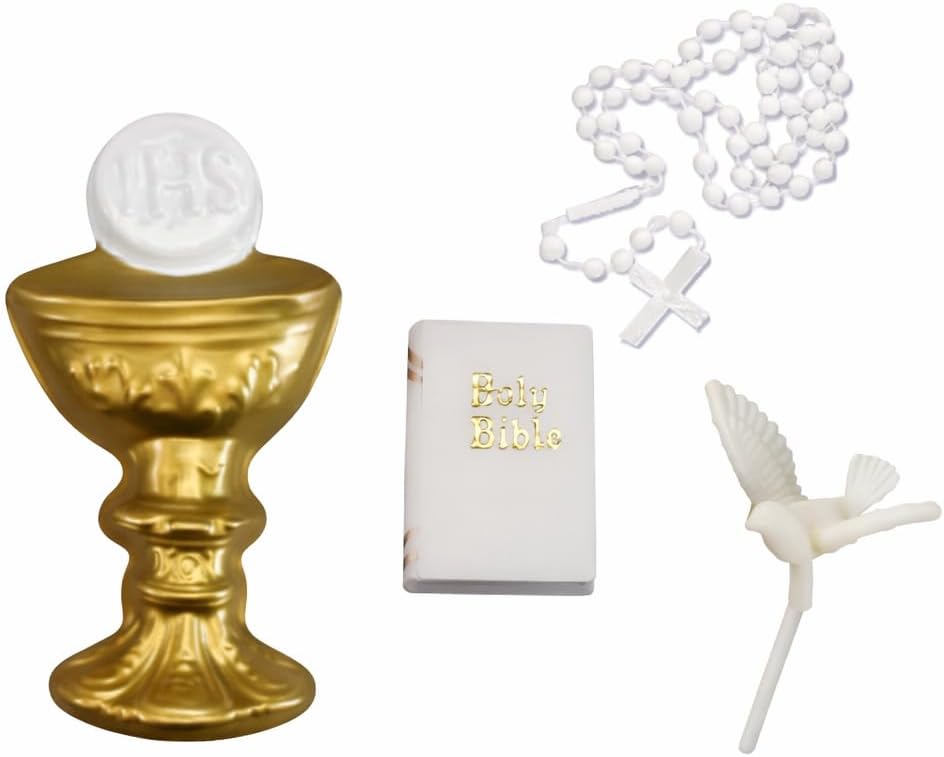 Oasis Supply First Holy Communion Cake Topper Kit – 4-Piece Religious Cake Decoration Set with Chalice & Host, Rosary, Dove and Mini Bible – Food-Safe Plastic Communion Decor