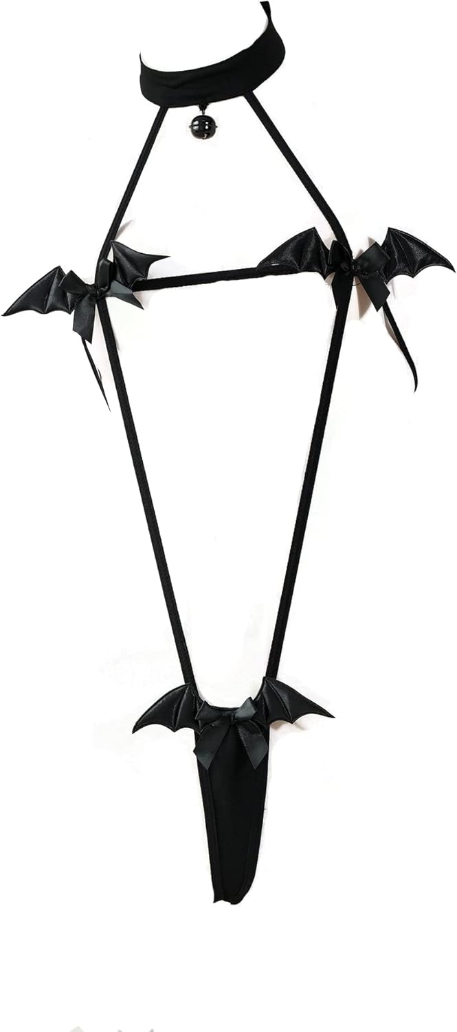 JasmyGirls Anime Lingerie Sexy Devil Cosplay Costume Halloween Micro Bikini Kawaii Bra Panty Japanese Bat Slingshot Gothic Outfit Black
