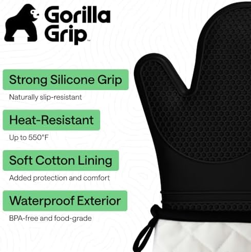 GORILLA GRIP BPA-Free Soft Silicone Oven Mitts, 550F Heat Resistant Waterproof Cooking Safety Gloves, Thick Cotton Lining, Flexible Gripping for BBQ Grilling, Kitchen Potholders Set, 12.5x8.3, Black