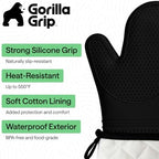 GORILLA GRIP BPA-Free Soft Silicone Oven Mitts, 550F Heat Resistant Waterproof Cooking Safety Gloves, Thick Cotton Lining, Flexible Gripping for BBQ Grilling, Kitchen Potholders Set, 12.5x8.3, Black