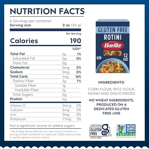 Barilla Gluten Free Rotini Pasta, 12 Ounce (Pack of 8) - Non-GMO Gluten Free Pasta Made with Blend of Corn & Rice - Vegan