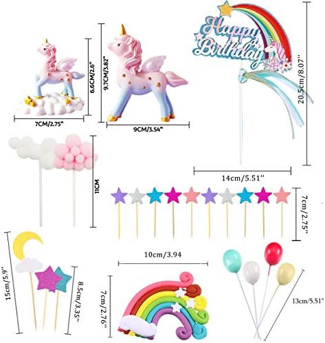 MOVINPE Unicorn Cake Topper, 2 Magic Unicorns Sculpture, 1 Rainbow, 1 Happy Birthday Banner, 2 Cloud, 4 Balloon, 12 Stars, 1 Moon, Cake Decoration For Girl Kid Women Birthday Party