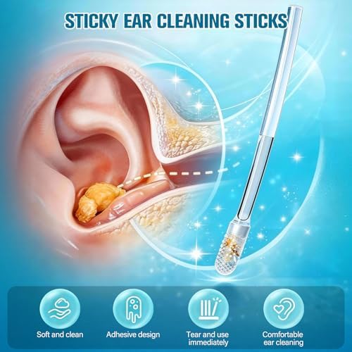 Sticky Ear Cleaning Stick,Reusable Sticky Ear Cleaner Picks,Sticky Ear Swabs,Adhesive Soft Head Swabs, Gentle Soft Ear Care Cleaning Sticks with Dust Cover for All Ages(2 Box)