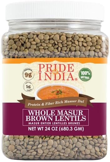 Pride Of India - PACK of 6 - Indian Whole Brown Crimson Masur Lentils - Protein & Fiber Rich Masoor Whole, 1.5 Pound Jar