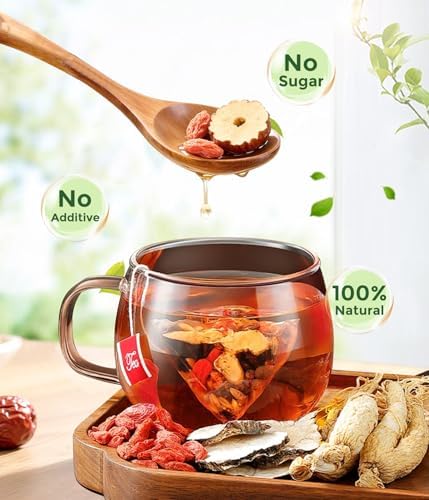 MSFOOT 6-IN-1 Ginseng Herbal Treasures Tea Bags Kidney Tea- with Goji Berry, Maca, Jujube & Mulberry & Huangjing - Energy & Vitality Support - 25 Count Resealable Bag, No Sugar, No Artificial Flavors Chinese Herbal Ginseng Blend Tea (Caffeine-Free)