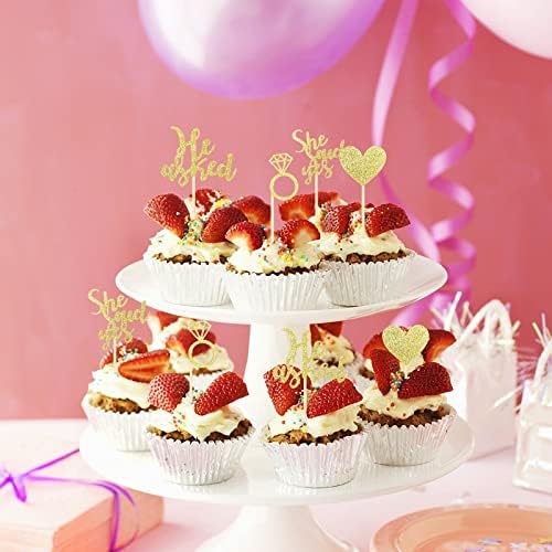 24 Pcs He Asked She Said Yes Cake Topper Gold Cupcake Toppers Heart Diamond Ring Cupcake Picks Glitter Cupcake Decorations for Wedding Engagement Bridal Shower Party Cake Decorations