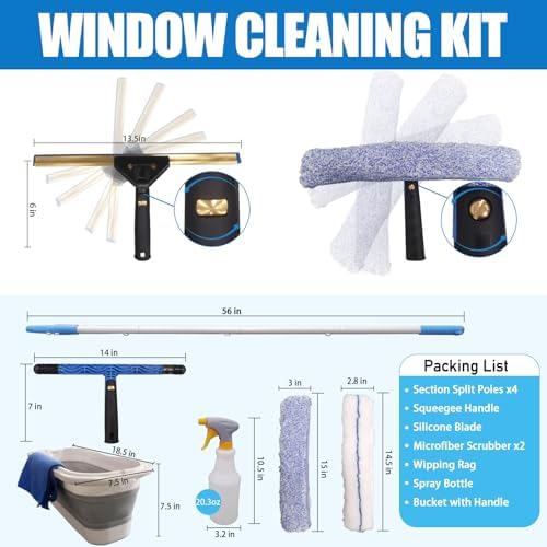 Window Cleaning Kit with Storage Bucket,Window Washing Kit with 4.13Ft Extension Pole,Scrubber,Spray Bottle,Duster Cloth,Squeegee with Rotating Head,Professional Window Cleaning Squeegee Kit
