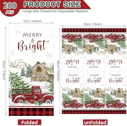 Pasimy 100 Pcs Christmas Guest Napkins Disposable 3 Ply Merry and Bright Buffalo Plaid Napkins Red Truck Xmas Tree Snowflake Paper Towel for Dinner Bathroom Wedding Winter Holiday Party Supplies