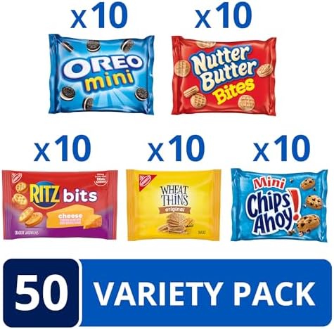 OREO Mini Cookies, Mini CHIPS AHOY! Cookies, RITZ Bits Cheese Crackers, Nutter Butter Bites & Wheat Thins Crackers, Nabisco Cookie & Cracker Variety Pack, 50 Snack Packs