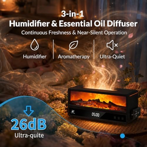 Premium Essential Oil Diffuser, Fireplace Flame Aroma Diffuser with Magnetic Remote, 7 Color Ambient Light, Timer & Auto-Off, Stylish Ultrasonic Diffuser for Bedroom, Office, Yoga Room, Black