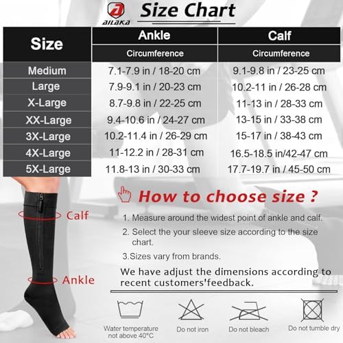 Ailaka Zipper Compression Socks for Women Men, 20-30 mmHg Open Toe Compression Socks Knee High, Ted Hose Compression Stockings for Edema, Varicose Veins