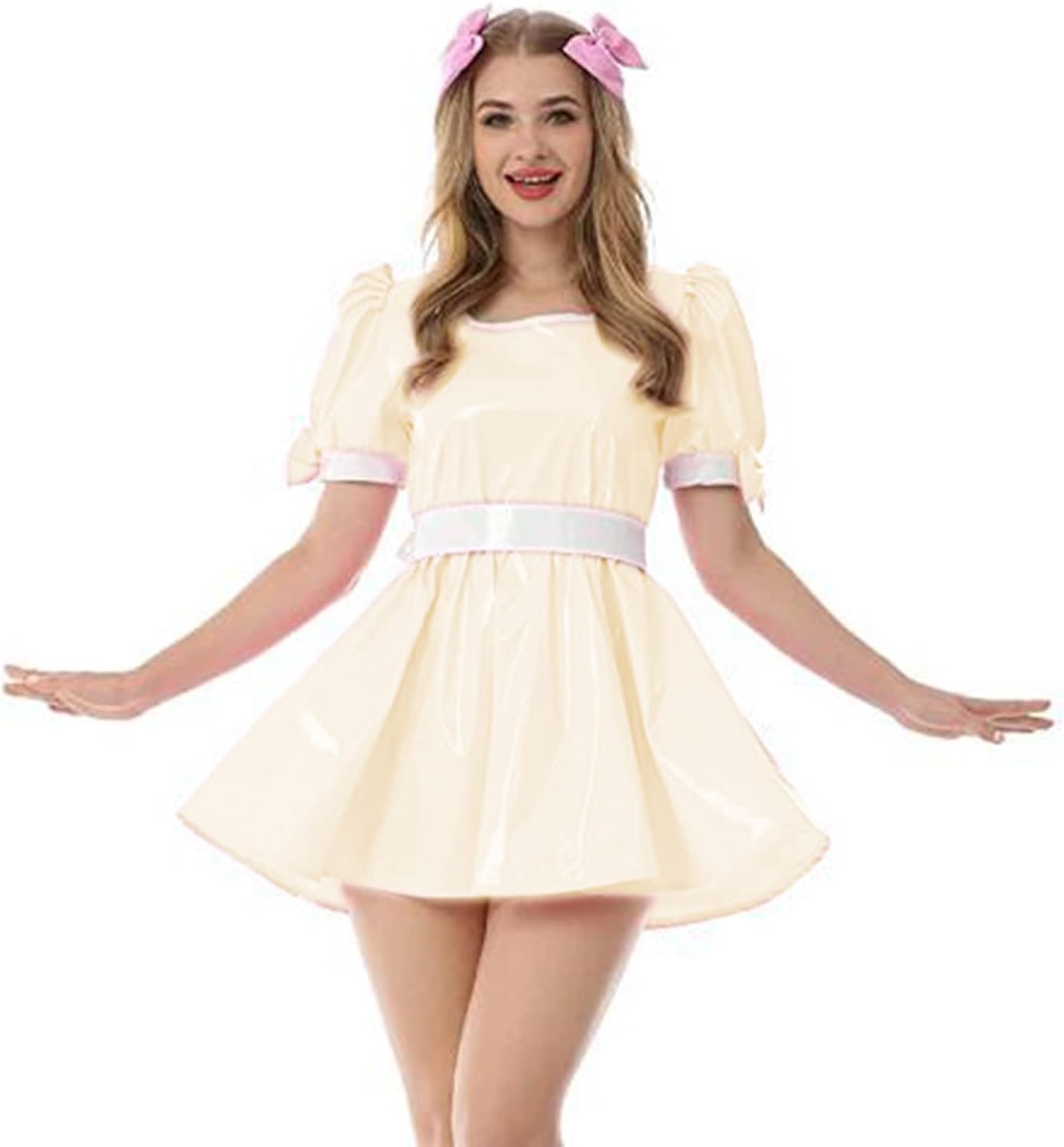 Leather PVC Dress Women Collar Vinyl Mini Dress Summer Maiden Costume Fancy Bow Oversize Female Dress,Beige,7XL