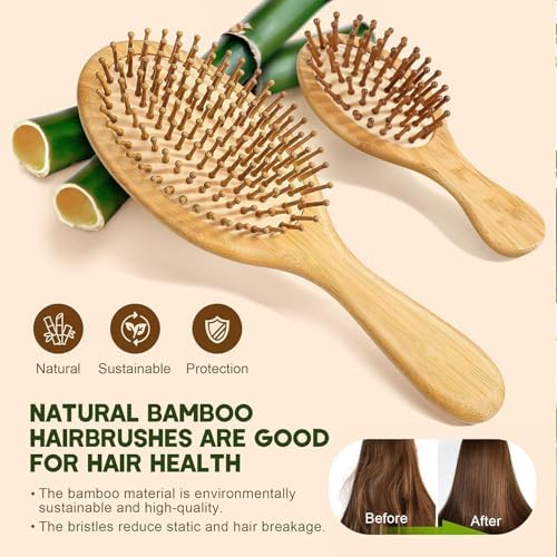Bamboo Hair Brush Set, 4 PCS Natural Wooden Combs Paddle Detangling Hairbrush, Wide-tooth and Tail Comb and Mini Paddle Brush for Traveling, Suit for Women & Men
