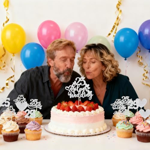 Happy 25th Anniversary Cake Topper and 24pcs Anniversary Cupcake Toppers Set, Silver Glitter Happy 25th Wedding Anniversary Decorations Party Supplies