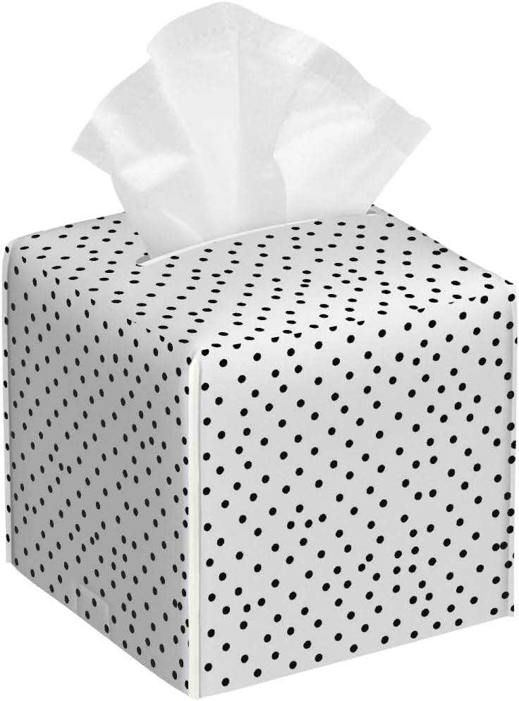 Tissue Box Cover PU Leather Square Tissues Holder Black Polka Dots On White Decorative Facial Paper Organizer Dispenser for Bedroom Bathroom Vanity,Home Office Car
