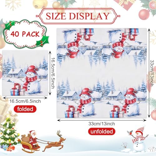 40 Pack Christmas Snowman Paper Napkins – 13 x 13 Inches Unfolded, Disposable Holiday Napkins with Snowman, Gift Boxes, and Winter Scenery Designs for Christmas Parties and Holiday Table Decorations