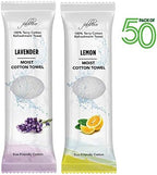 Oshibori Moist Terry Cotton Refreshment Towels (50 Pack, 8 x 8 Inches) - White Mildly Scented Pre-moistened Towel to Use Hot or Cold - Lemon & Lavender Scent Bundle of 25 each