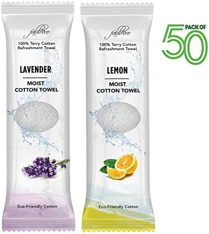 Oshibori Moist Terry Cotton Refreshment Towels (50 Pack, 8 x 8 Inches) - White Mildly Scented Pre-moistened Towel to Use Hot or Cold - Lemon & Lavender Scent Bundle of 25 each
