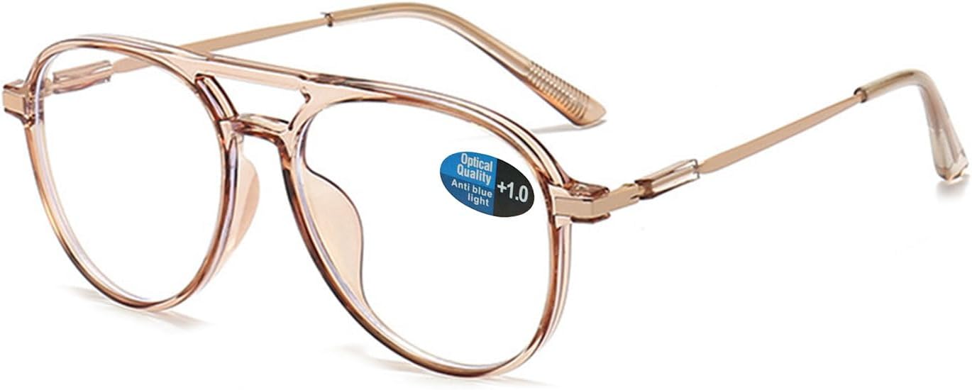Aviator Reading Glasses for Women Men Blue Light Blocking Oval Retro Fashion Double Bridge Computer Reader