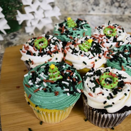 Christmas Holidays Edible Cake Decorations - Candy or Cupcake Topper - 15 Count Trees and Wreaths