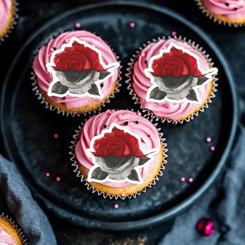 50 PCS Edible Halloween Rose Cupcake Toppers Wafer Paper Black Red Rose Cake Toppers Edible Roses Cake Decorations for Flower Theme Baby Shower Birthday Wedding Party Cake Decorations Supplies