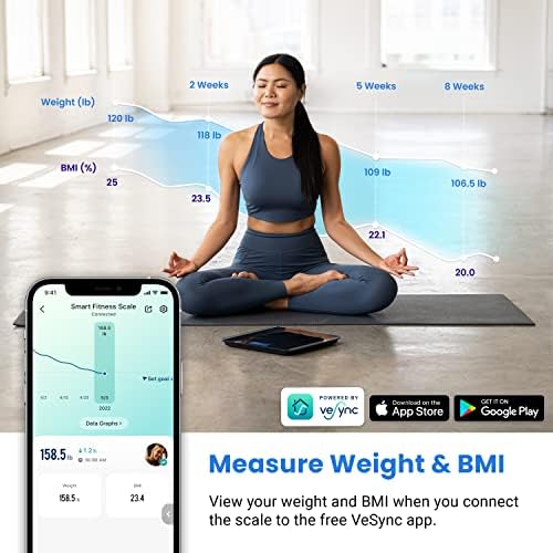 Etekcity Smart Scale for Body Weight and BMI, Bathroom Digital Electronic Weighing Scale for People, Bluetooth Free VeSync APP Connection, Rounded Corner, Accurate to 0.1lb/0.05kg, 400 lbs, Black