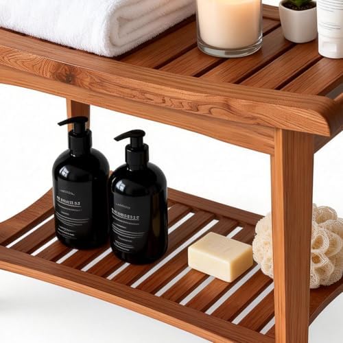 ZJchao Shower Bench, 60x33x46cm Wood Ergonomic Shower Stool with Storage Shelf and Handles Shower Stool Bath Bench for Bathroom Spa Outdoor Use Elegant Shower Seating Solution (Brown)