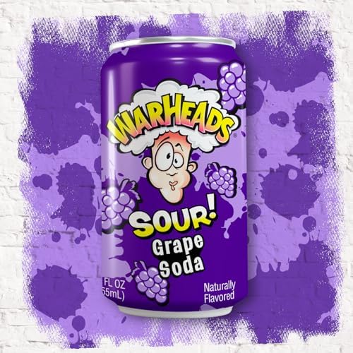 Sour Fruity Soda with Classic Warheads Flavors – Perfectly Balanced Sweet and Sour Soda - Warheads Candy Throwback Treat, Soda, Cocktail Mixer, Pack of 12, 12oz Cans (Grape)
