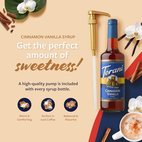Torani Sugar Free Coffee Syrup, Cinnamon Vanilla Flavoring for Drinks, Zero Calorie, Glass Bottle with Pump Included, 25.4 Fl Oz
