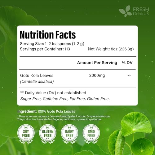 FreshDrinkUS, Premium Gotu Kola Leaves (Centella asiatica) | 8 oz Dried Loose Leaf | Naturally Mild & Earthy Herbal Tea – Premium Quality Leaves. Sugar-Free. Caffeine-Free. Vegan