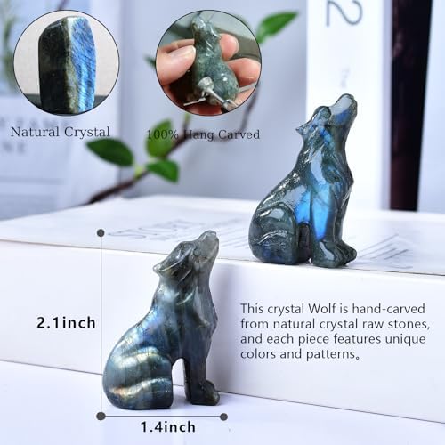 2.1 Inch Labradorite Wolf Crystal Statue，Birthday Present Healing Crystal Decor，Wolf Totem Figurines Stone Energy Gemstones, in Bedroom Office Christmas Meditation Gifts for Men Women