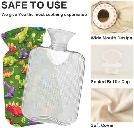 Cute Colorful Cartoon Dinosaurs Hot Water Bottle with Cute Cover 1L Durable Hot Water Bag Warm Water Bag for Menstrual Cramps, Neck and Shoulder Pain Relief