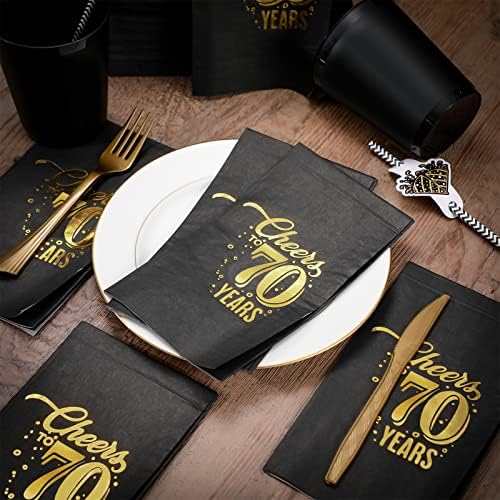 200 Pcs 50th/60th/70th Birthday Napkins Cheer to 50/60/70 Years Disposable Black and Gold Dinner Party Napkin for Men Women Anniversary Decoration(70th Birthday)