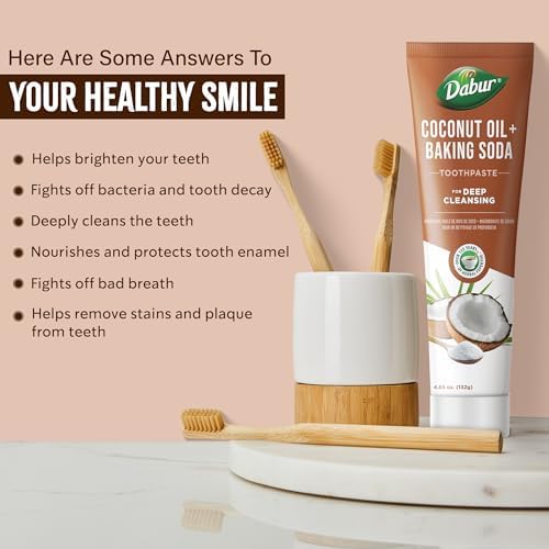 Dabur Coconut Oil Baking Soda Toothpaste | 100 ml | Teeth Brightening Toothpaste | Fights Plaque, Stains, Bad Breath & Bacteria | Deep Cleanse, Paraben Free, SLS Free, No Alcohol | Pack of 1