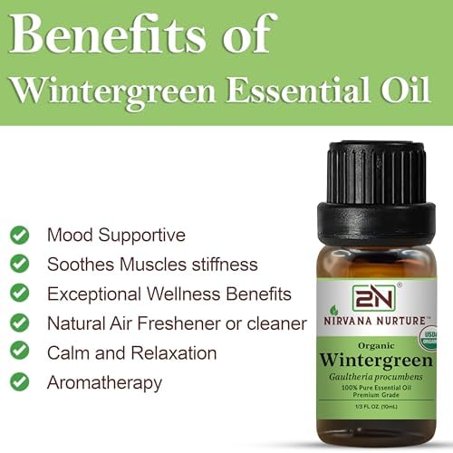 Wintergreen Essential Oil, USDA Certified Organic, 100% Pure Undiluted, Aromatherapy Oil for Diffuser, Hair & Skin Care