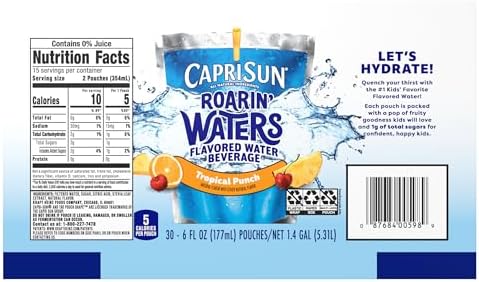 Capri Sun Roarin' Waters Tropical Punch Flavored with other natural flavor Water Beverage, 30 ct Box, 6 fl oz Drink Pouches