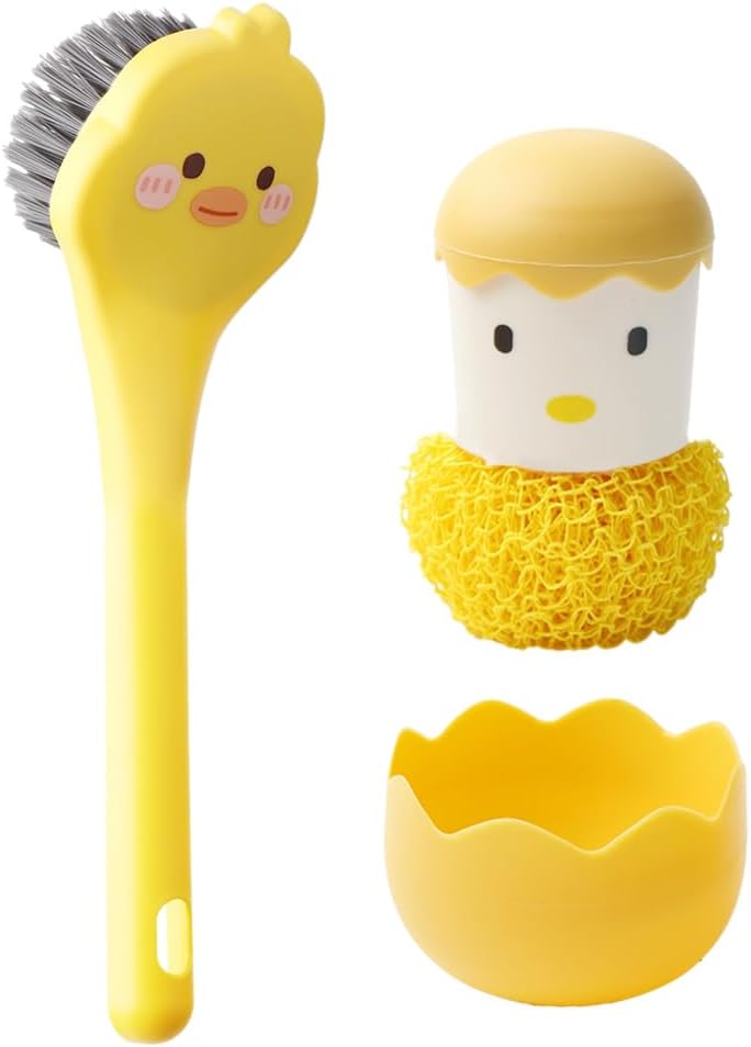 Ximimark 2 PCS Yellow Duck +Yellow Chicken Dish Brush Handle Built-in Scraper, Scrub Brush for Pans, Pots, Kitchen Sink Cleaning