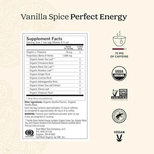 Yogi Tea Vanilla Spice Perfect Energy - 16 Bags per Pack (4 Packs) - Organic Vanilla Energy Tea - Focus Tea - Includes Green Tea, Black Tea, Ashwagandha, L-Theanine & More