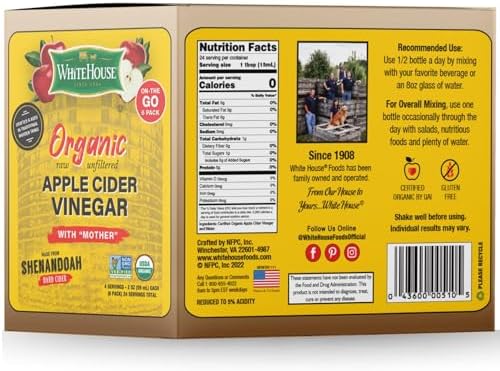 White House Organic Apple Cider Vinegar Shots, Raw Unfiltered, On the Go (Organic, Pack of 24)