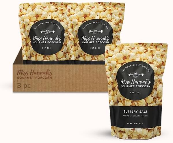 Miss Hannah's Gourmet Popcorn Buttery Salt - Classic Salty Popcorn, Light & Crisp | Vegan, Gluten-Free, Dairy-Free Snack - 13oz (3 Pack)