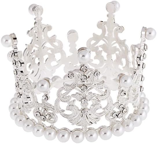 Women Girls Retro Man-made Pearl Crown Bride Tiara Cake Topper Decoration For Baby Shower Wedding Party (Silver)